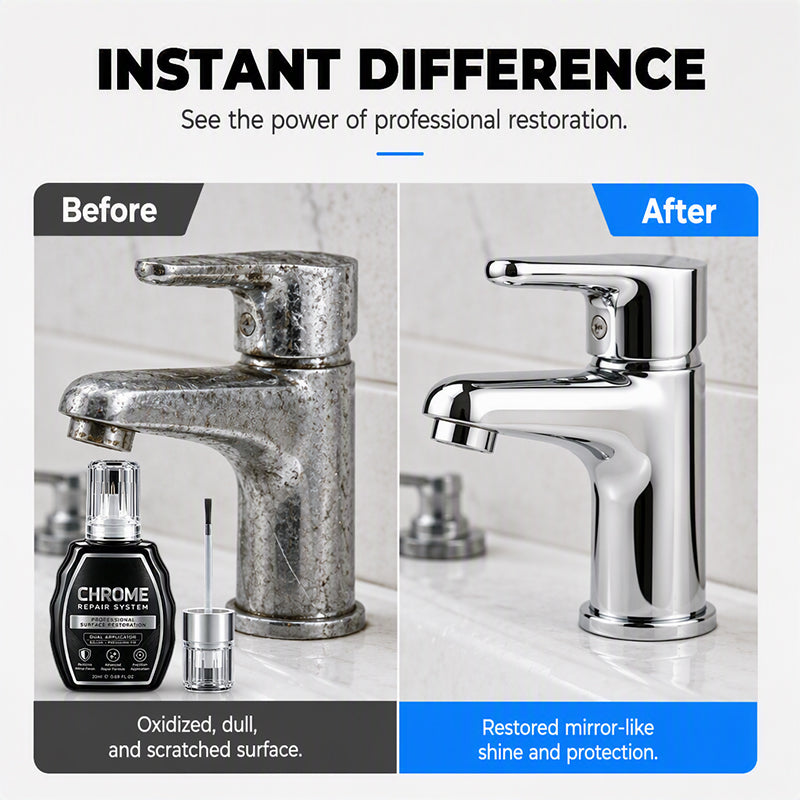 Liquido Restauratore per Cromo ✨🖊️⚡ Dotato di doppio applicatore preciso e formula antiossidante, rimuove l’annerimento metallico e crea una barriera protettiva, restituendo brillantezza duratura a tutte le tue superfici in cromo e acciaio.