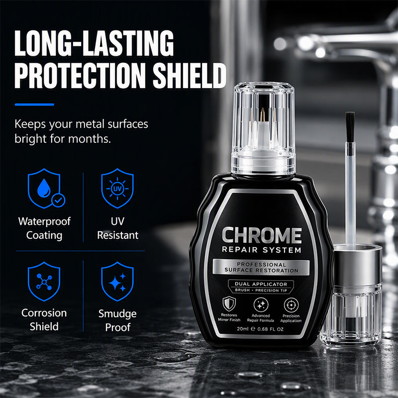 Liquido Restauratore per Cromo ✨🖊️⚡ Dotato di doppio applicatore preciso e formula antiossidante, rimuove l’annerimento metallico e crea una barriera protettiva, restituendo brillantezza duratura a tutte le tue superfici in cromo e acciaio.