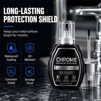 Liquido Restauratore per Cromo ✨🖊️⚡ Dotato di doppio applicatore preciso e formula antiossidante, rimuove l’annerimento metallico e crea una barriera protettiva, restituendo brillantezza duratura a tutte le tue superfici in cromo e acciaio.