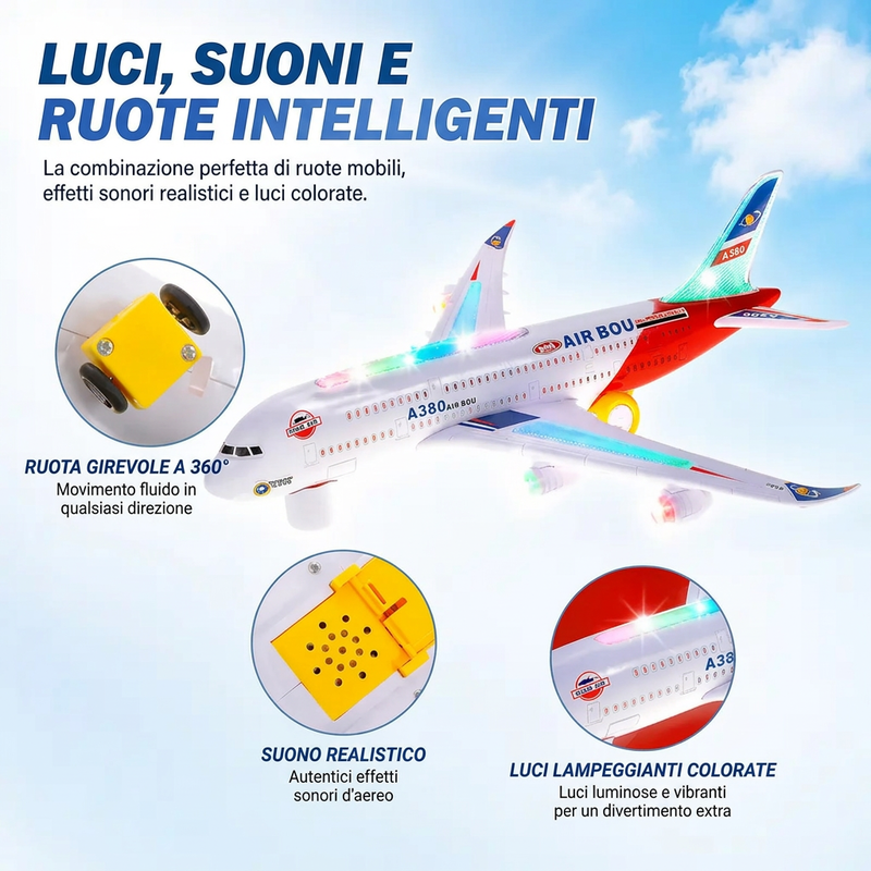 🏠Aeroplano sicuro per bambini con luci e musica educative 👶Gioco educativo｜🍃Materiale sicuro｜✨Sviluppo sensoriale. 👶Stimola fantasia e capacità uditiva dei bambini. 🍃Materiale innocuo e privo di parti pericolose.