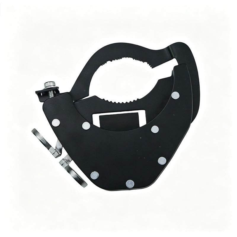 Supporto Meccanico Acceleratore Moto🏍️⚖️🔧 Dispositivo nero 73×38 mm, 147g, crea attrito sulla manopola per ridurre la tensione del polso su strade dritte, con sgancio istantaneo in qualsiasi momento.