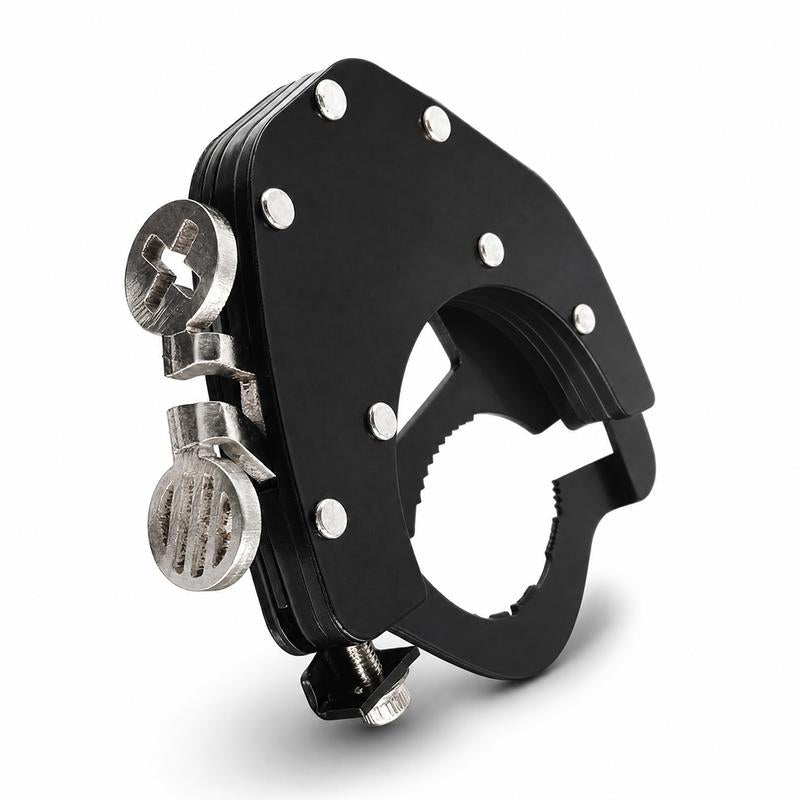 Supporto Meccanico Acceleratore Moto🏍️⚖️🔧 Dispositivo nero 73×38 mm, 147g, crea attrito sulla manopola per ridurre la tensione del polso su strade dritte, con sgancio istantaneo in qualsiasi momento.