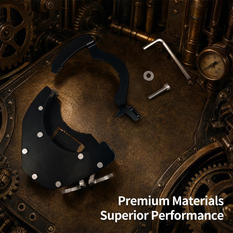 Supporto Meccanico Acceleratore Moto🏍️⚖️🔧 Dispositivo nero 73×38 mm, 147g, crea attrito sulla manopola per ridurre la tensione del polso su strade dritte, con sgancio istantaneo in qualsiasi momento.