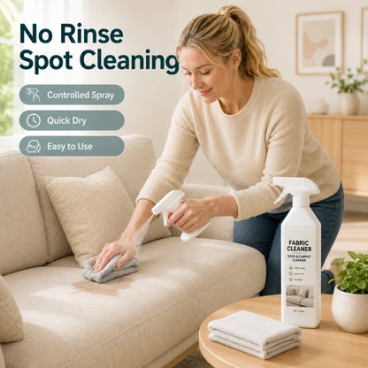 Spray Detergente Senza Risciacquo per Tessuti e Imbottiti 🧴🧹⏱️ Senza acqua e risciacquo, rimuove rapidamente macchie da divani e sedili auto, con asciugatura veloce per mantenere i tessuti puliti con pochi gesti.