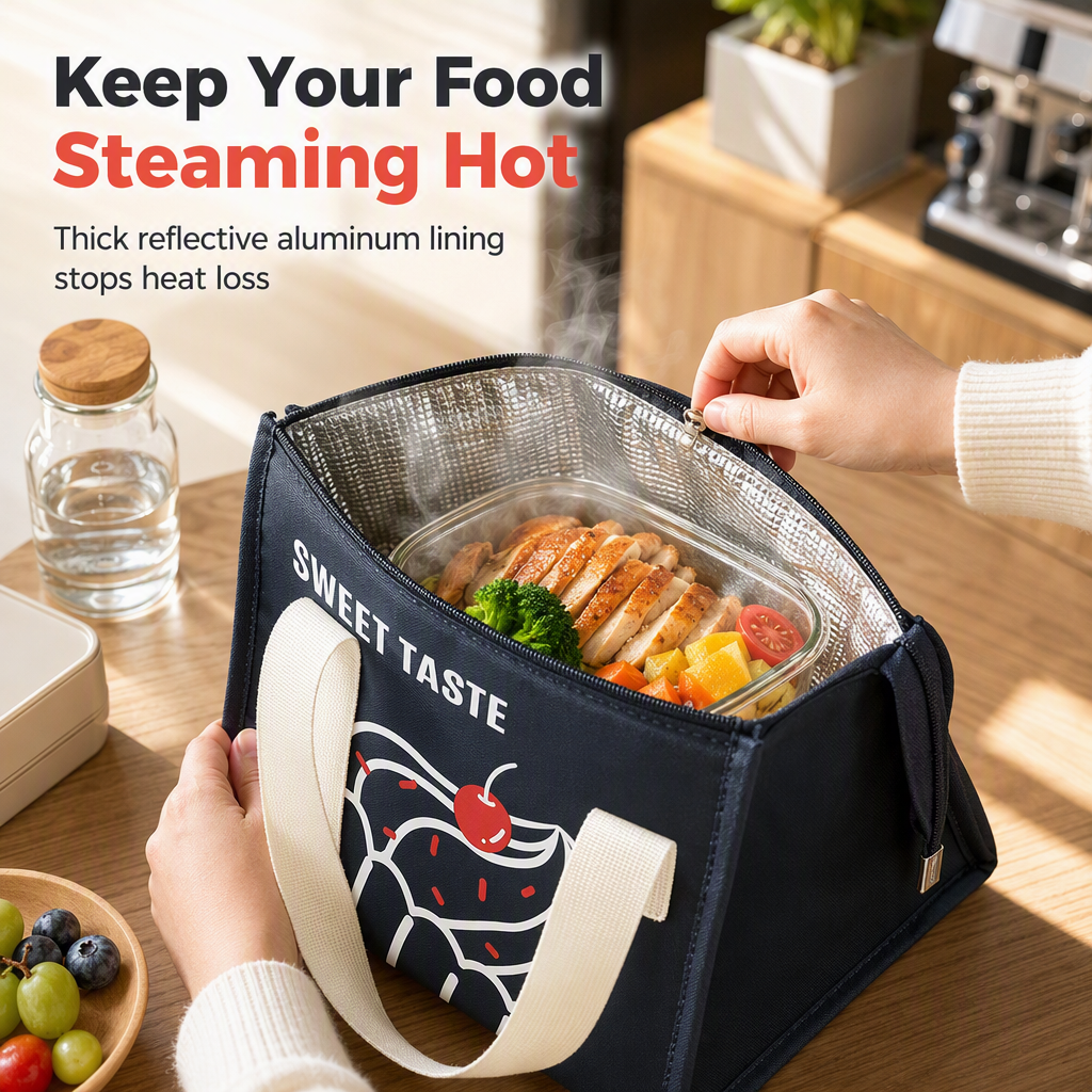 Borsa termica porta pranzo in tessuto 420D, isolante e impermeabile 🕒Lunga conservazione｜💧Tessuto impermeabile｜🎒Design compatto. Il rivestimento in alluminio mantiene caldo il cibo per ore, il tessuto Oxford respinge macchie e acqua.