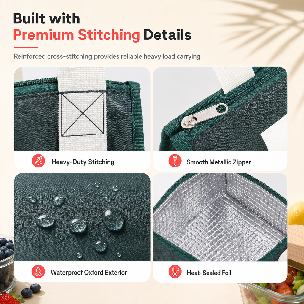 Borsa termica porta pranzo in tessuto 420D, isolante e impermeabile 🕒Lunga conservazione｜💧Tessuto impermeabile｜🎒Design compatto. Il rivestimento in alluminio mantiene caldo il cibo per ore, il tessuto Oxford respinge macchie e acqua.