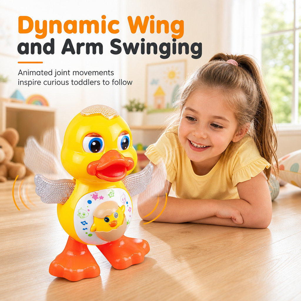 👨‍👩‍👧‍👦Anatra giocattolo elettrica danzante 🎵Musica ritmata｜💡Luci LED｜🦆Ali oscillanti. L’anatra si muove e suona, offre un gioco divertente che intrattiene il bambino durante il tempo libero domestico.