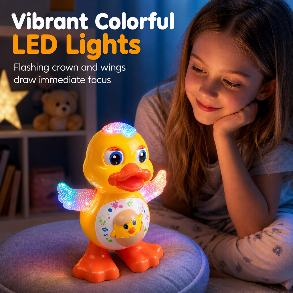👨‍👩‍👧‍👦Anatra giocattolo elettrica danzante 🎵Musica ritmata｜💡Luci LED｜🦆Ali oscillanti. L’anatra si muove e suona, offre un gioco divertente che intrattiene il bambino durante il tempo libero domestico.