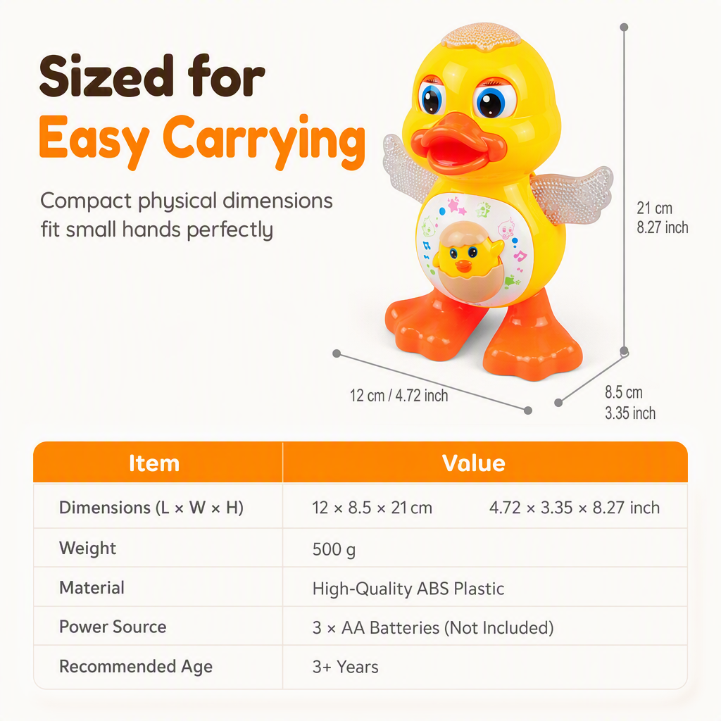 👨‍👩‍👧‍👦Anatra giocattolo elettrica danzante 🎵Musica ritmata｜💡Luci LED｜🦆Ali oscillanti. L’anatra si muove e suona, offre un gioco divertente che intrattiene il bambino durante il tempo libero domestico.