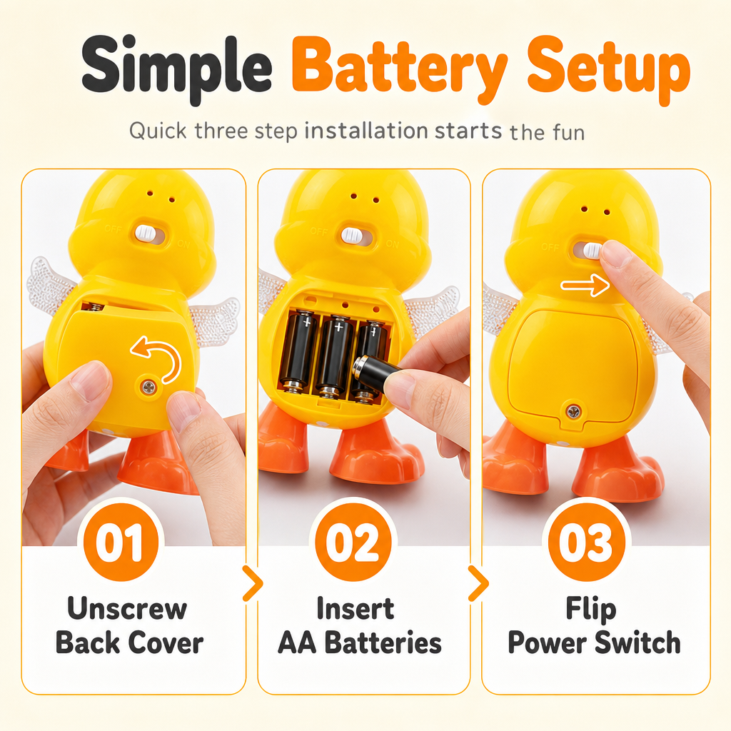 👨‍👩‍👧‍👦Anatra giocattolo elettrica danzante 🎵Musica ritmata｜💡Luci LED｜🦆Ali oscillanti. L’anatra si muove e suona, offre un gioco divertente che intrattiene il bambino durante il tempo libero domestico.