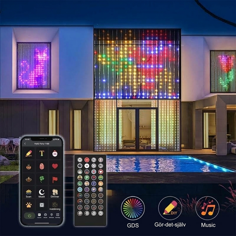 Tenda Luci LED Smart Impermeabile 🎬💧📱 Personalizza immagini e animazioni, sincronizza le luci con la musica, installala su finestra o balcone per creare atmosfere cinematografiche per le tue serate e celebrazioni.