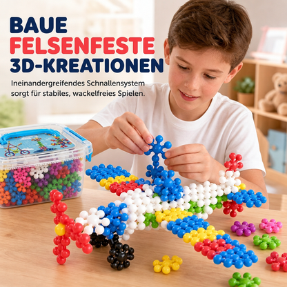 Blocchi 3D Fiocco di Neve 🧩🎨📐 Realizzati in plastica PP levigata con doppio incastro, questi blocchi disponibili in set da 100 a 600 pezzi permettono di creare strutture tridimensionali stabili e sviluppare la fantasia manuale del bambino.