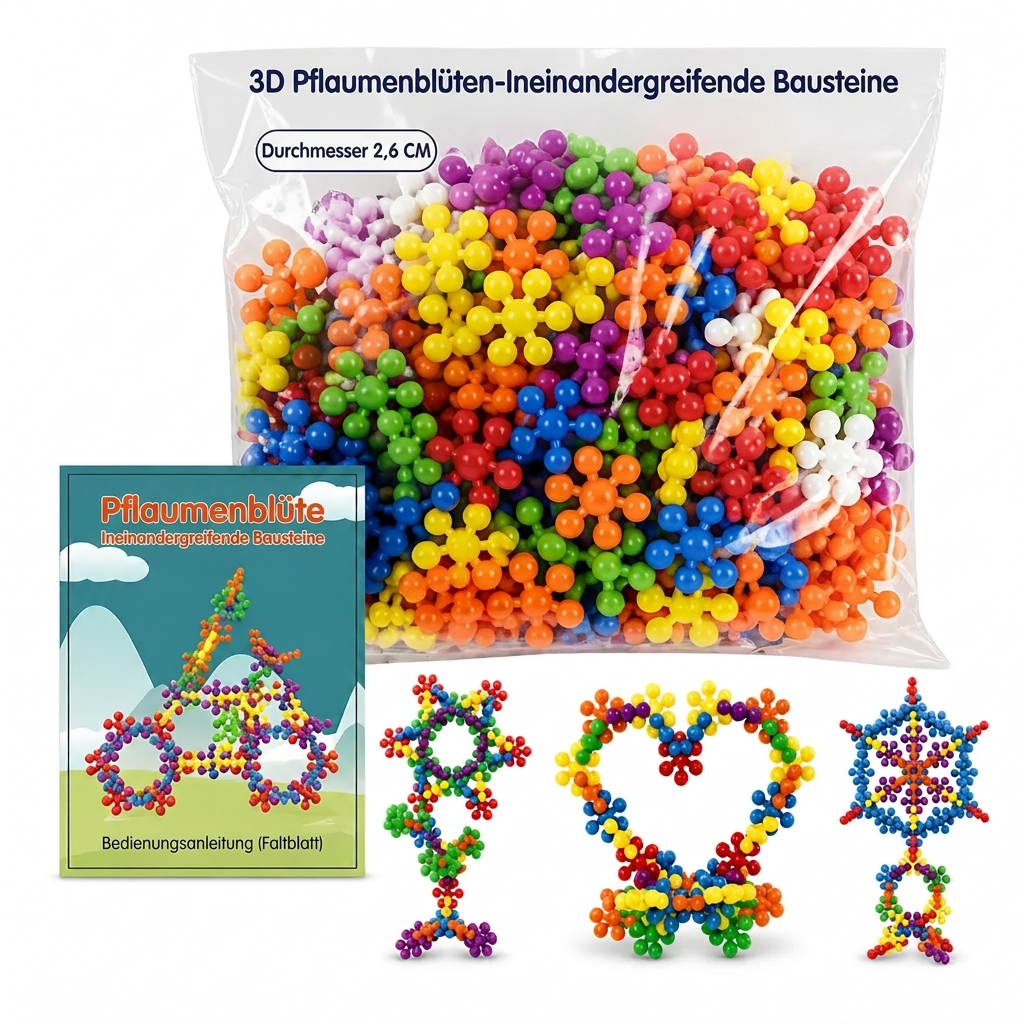 Blocchi 3D Fiocco di Neve 🧩🎨📐 Realizzati in plastica PP levigata con doppio incastro, questi blocchi disponibili in set da 100 a 600 pezzi permettono di creare strutture tridimensionali stabili e sviluppare la fantasia manuale del bambino.