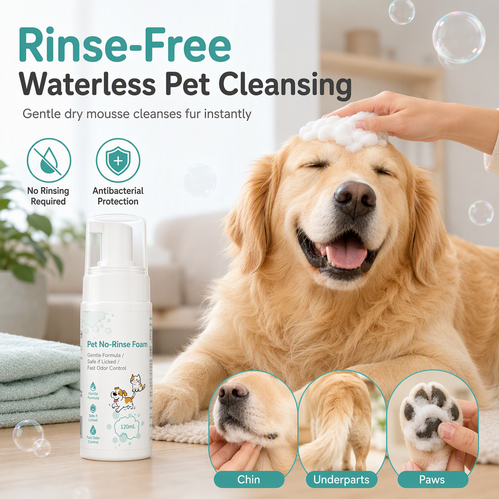 🐶Mousse Detergente Senza Acqua per Animali ✨🐾⚡ Realizzata con formula botanica antibatterica da 120ml, pulisce istantaneamente sporchi e macchie senza acqua, permettendoti di toelettare il tuo pet velocemente senza causare stress.