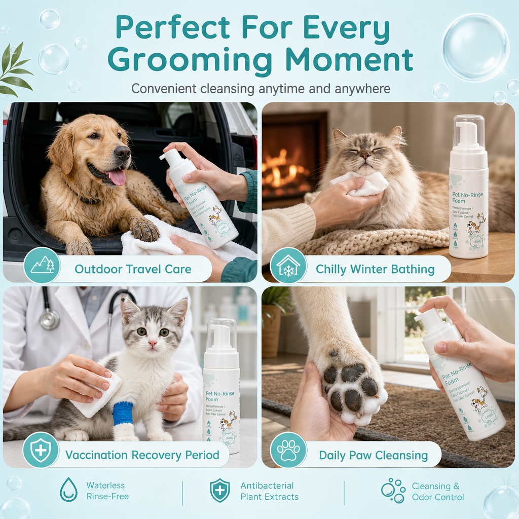 🐶Mousse Detergente Senza Acqua per Animali ✨🐾⚡ Realizzata con formula botanica antibatterica da 120ml, pulisce istantaneamente sporchi e macchie senza acqua, permettendoti di toelettare il tuo pet velocemente senza causare stress.