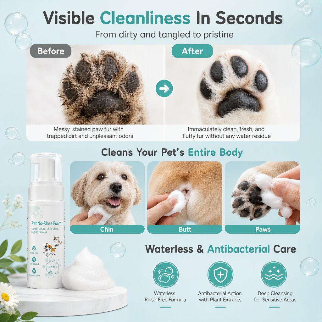 🐶Mousse Detergente Senza Acqua per Animali ✨🐾⚡ Realizzata con formula botanica antibatterica da 120ml, pulisce istantaneamente sporchi e macchie senza acqua, permettendoti di toelettare il tuo pet velocemente senza causare stress.