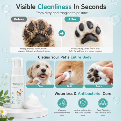 🐶Mousse Detergente Senza Acqua per Animali ✨🐾⚡ Realizzata con formula botanica antibatterica da 120ml, pulisce istantaneamente sporchi e macchie senza acqua, permettendoti di toelettare il tuo pet velocemente senza causare stress.