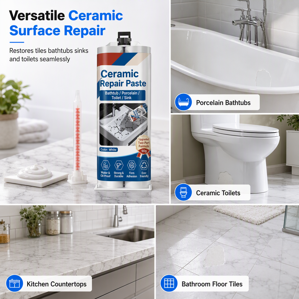 Pasta Riparatrice Epossidica Bianca 🏡✨🛁 Riempie piccole crepe e scheggiature di ceramica, formula resistente all’acqua, si applica facilmente per ripristinare lavabi e piastrelle e ottenere una finitura uniforme e facile da pulire.