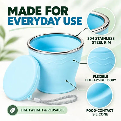 Bicchiere da viaggio pieghevole in silicone ⛺🥤🥛 Corpo in silicone pieghevole, bordo in acciaio, con fascetta di trasporto, si apre e si chiude velocemente, si lava facilmente e occupa poco spazio nello zaino per campeggio e viaggi.