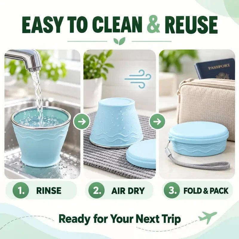 Bicchiere da viaggio pieghevole in silicone ⛺🥤🥛 Corpo in silicone pieghevole, bordo in acciaio, con fascetta di trasporto, si apre e si chiude velocemente, si lava facilmente e occupa poco spazio nello zaino per campeggio e viaggi.