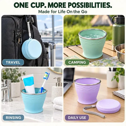 Bicchiere da viaggio pieghevole in silicone ⛺🥤🥛 Corpo in silicone pieghevole, bordo in acciaio, con fascetta di trasporto, si apre e si chiude velocemente, si lava facilmente e occupa poco spazio nello zaino per campeggio e viaggi.