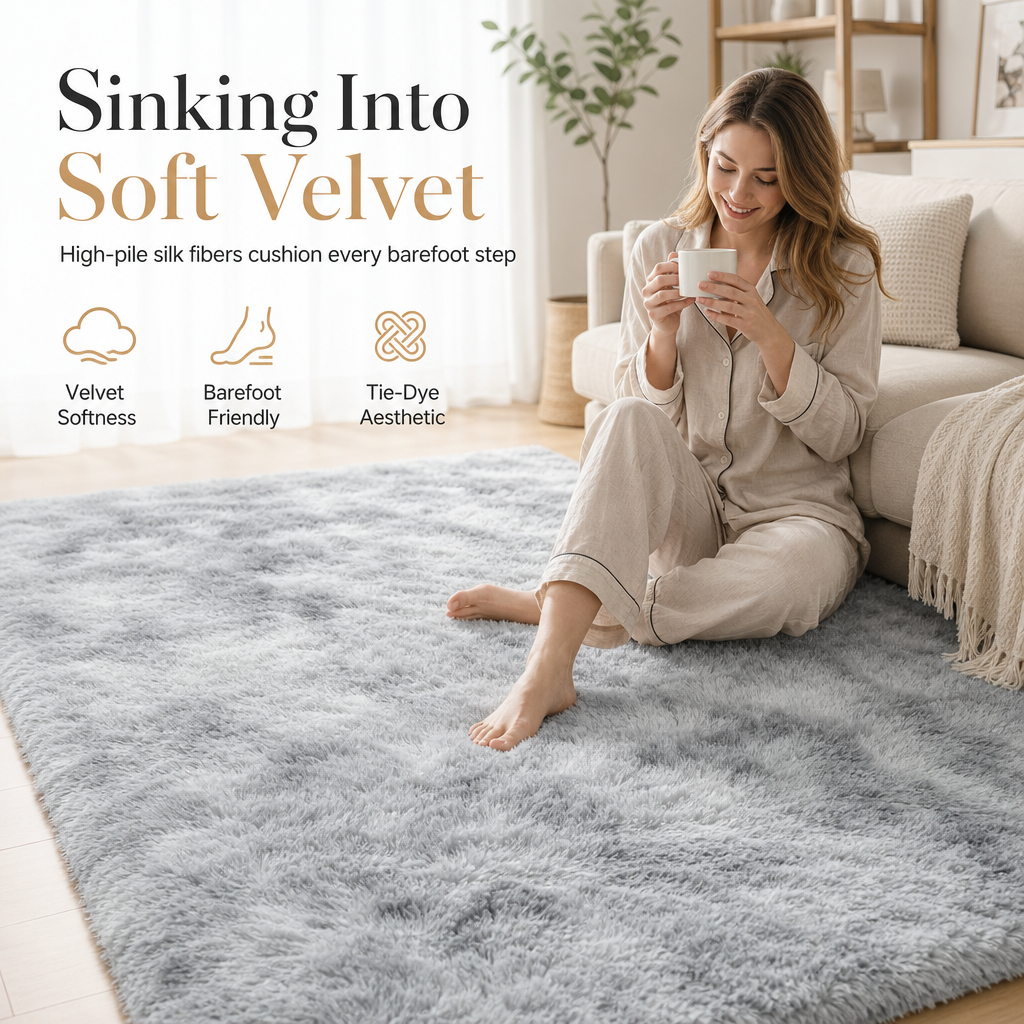 Tappeto Shaggy Velvet Morbidissimo 🏠🦶☁️ Il pelo alto in velluto isola il freddo del pavimento, base antiscivolo stabile, trama fitta senza pelucchi, lavabile, dona comfort costante nella tua stanza.